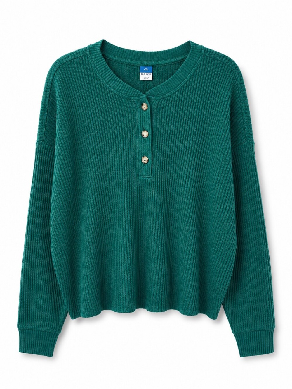 NWT Old Navy Women’s M Tall Emerald Green Waffle Knit Henley Pullover Top Cozy